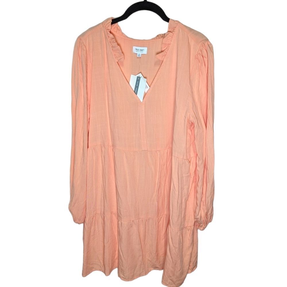 NEW True Craft Long Sleeve Short V-Neck Dress Peach Size XL NWT Core Fall